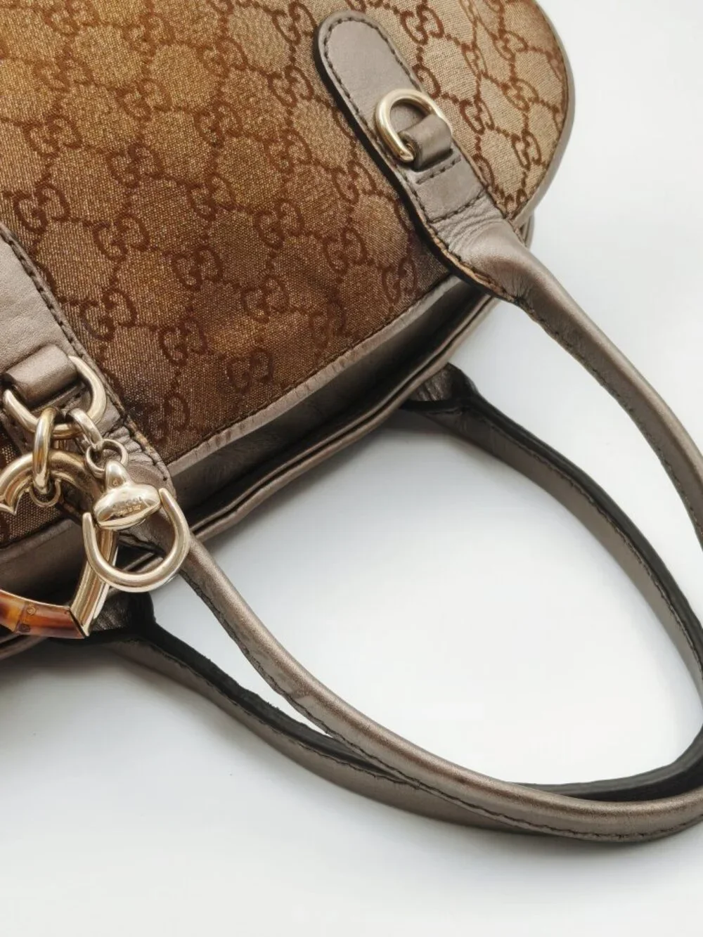 Gucci GG Monogram Canvas Boston Shoulder Bag Brown Leather Heart Charm